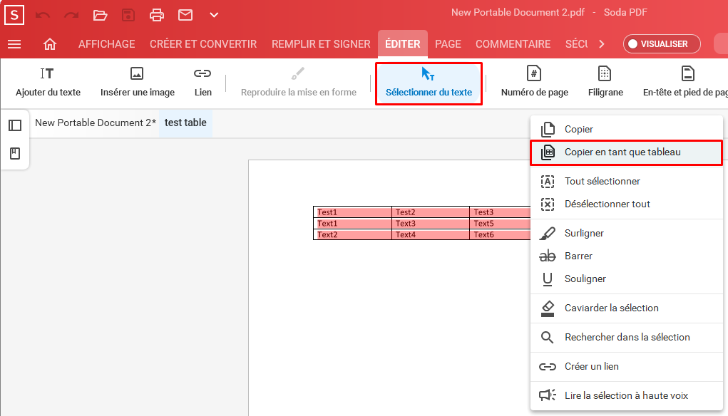 Comment puisje copier un tableau? Soda PDF